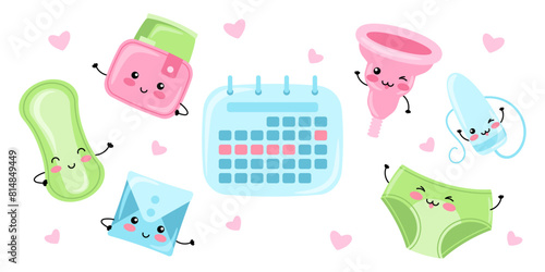 Set of different women's intimate hygiene items for menstrual period. Happy kawaii characters