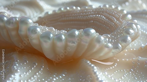  A close-up of a white shell with pearls inside and water droplets on its surface