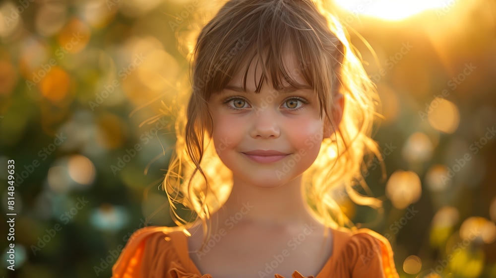 A young girl with brown hair and blue eyes, wearing an orange top, stands in a field of flowers with the sun setting behind her. A young girl with brown hair and blue eyes, wearing an orange top, stands in a field of flowers with the sun setting behind her.
