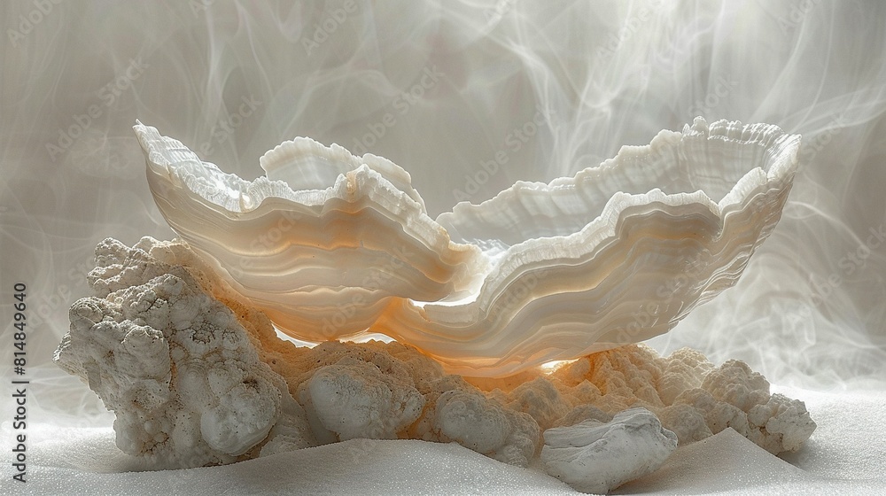 A close-up of an art piece made from seashells on a white surface with smoke in the background A close-up of an art piece made from seashells on a white surface with smoke in the background