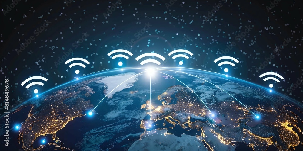 Explore the interconnected world of business and technology with our captivating image showcasing WiFi symbols spanning the globe, symbolizing global connectivity and seamless communication. Explore the interconnected world of business and technology with our captivating image showcasing WiFi symbols spanning the globe, symbolizing global connectivity and seamless communication.
