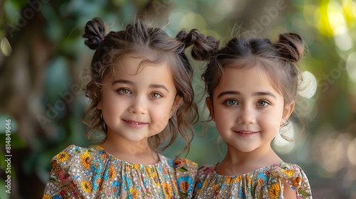 Two twin girls with matching hair styles and colorful dresses.