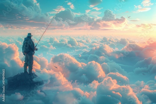 3D illustration of a fisherman fishing above the clouds