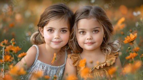 Two young girls with brown eyes and brown hair are sitting in a field of orange flowers.