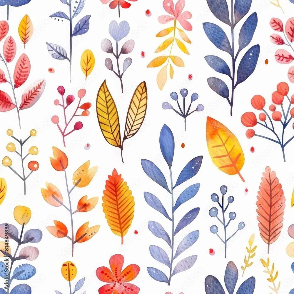 Cute childish watercolor seamless pattern with playful abstract leaves and flowers, ideal for eco-friendly fabric and wallpaper designs
