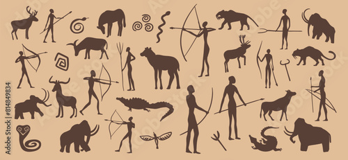 Prehistoric stone drawing, cave painting. Vector ancient primitive caveman sketches, petroglyph symbols of human hunters with spears and bows, animals, snakes or birds. ornaments on rock cave wall