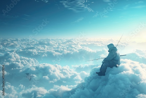 3D illustration of a fisherman fishing above the clouds photo