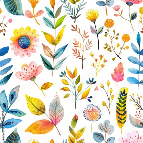 Cute childish watercolor seamless pattern with playful abstract leaves and flowers  ideal for eco-friendly fabric and wallpaper designs