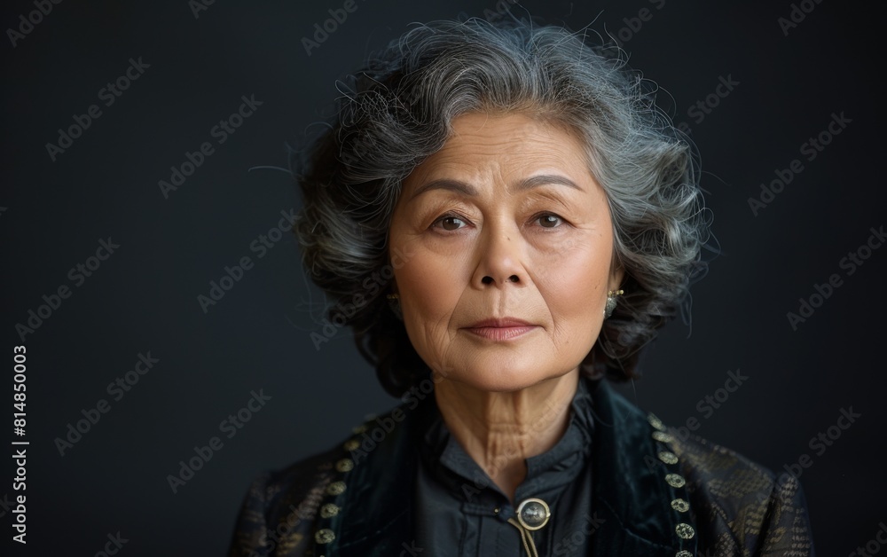 A woman with gray hair and a black dress. She is wearing a necklace and earrings. She is looking at the camera A woman with gray hair and a black dress. She is wearing a necklace and earrings. She is looking at the camera