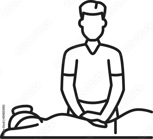 Back massage, chiropractic medicine line icon. Isolated vector linear sign of masseur chiropractor kneading a patient back, symbol of relaxation and stress relief, massage therapy and physical comfort