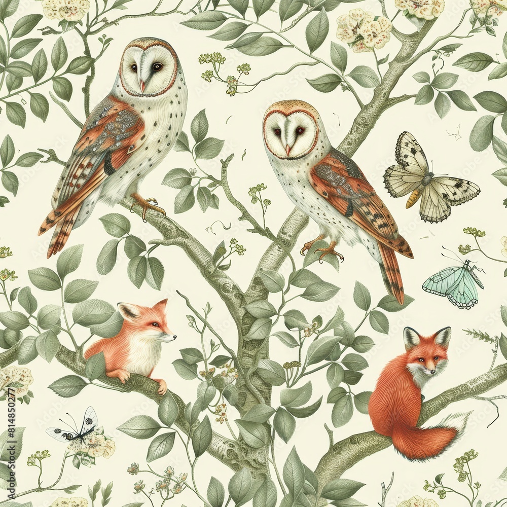 Delicate hand-drawn pattern with a forest scene of an owl perched alongside fox and butterfly, ideal for nature-themed wrapping paper