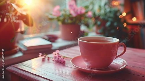   A pink coffee cup and saucer sit on a wooden table by a potted plant on a window sill