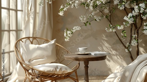  A chair and table with a cup and saucer rest in front of a white-flowered wall