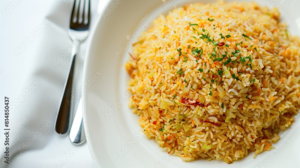 a bowl brimming with red beans and rice, accompanied by fork, spoon, and napkin, against a clean white background.