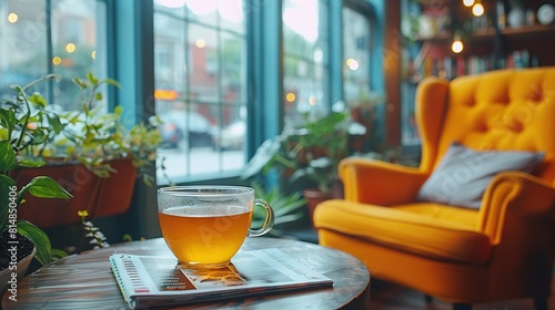   A yellow chair sits beside a potted plant and a cup of tea resting on a wooden table © Shanti
