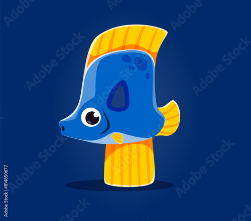 Underwater sea animals font, number 4 as fish for undersea alphabet, cartoon vector character. Sea animals font or ocean numeral typeface with cartoon funny tropical tang fish in number 4 Four type