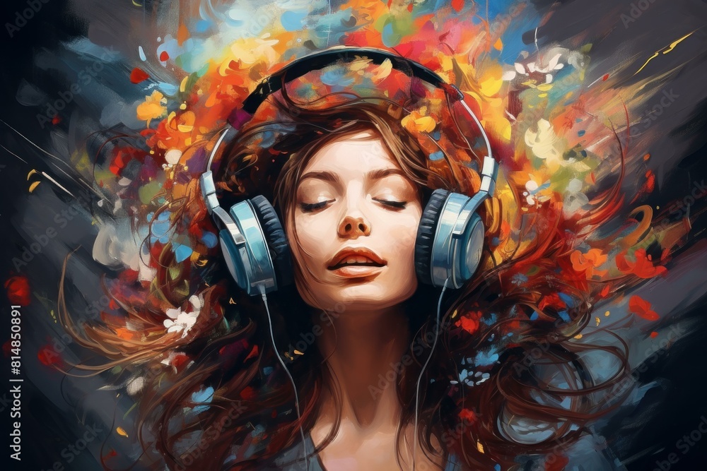 Artistic image of a woman immersed in music, surrounded by colorful abstract patterns Artistic image of a woman immersed in music, surrounded by colorful abstract patterns