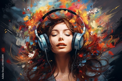 Artistic image of a woman immersed in music, surrounded by colorful abstract patterns