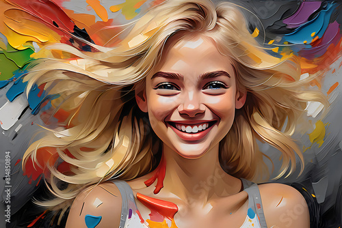 Colorful digital painting portrait of a cute women with painted face abstract background design illustration.	 photo