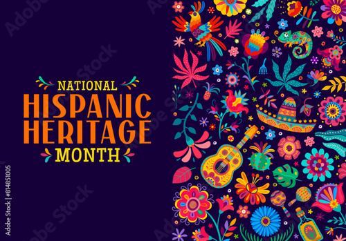 National Hispanic heritage month banner with tropical flowers. Ethnic celebration card, Mexican holiday banner or Hispanic heritage vector background with musical instruments, animals and flowers