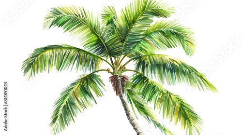 Detailed hand-drawn illustration of a coconut palm in lush green, set starkly against a white background to emphasize its vibrant tropical beauty