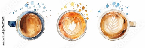 watercolor coffee latte art in three cups, white background, top view, clipart style.