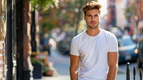 male model in a white cotton t-shirt at the city street
