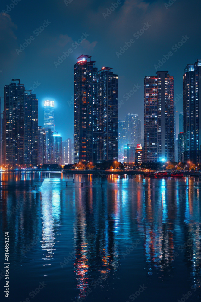 Obraz premium A glistening city skyline illuminated against the night sky, with dazzling lights reflecting in the calm waters of an urban river.