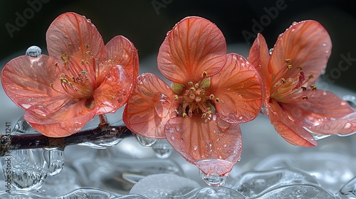   A close-up of three flowers on a branch with water droplets on the petals and stems