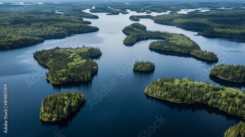 Aerial view of the Laurentian Plateau in Quebec, Canada, a vast area covered in boreal forest and dotted with thousands o