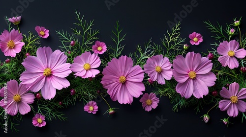   Pink flowers on black with green stems in center © Shanti