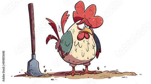   A cartoon chicken with two shovels stands in the dirt photo