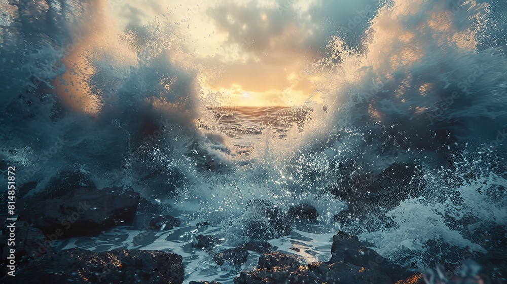 Obraz premium Generate a visual narrative of waves splashing against the rocks