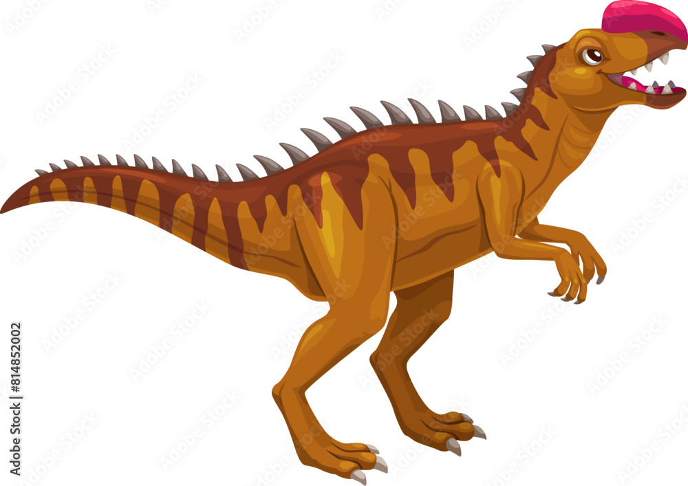 Fototapeta premium Cartoon dinosaur Monolophosaurus or dino character for kids Jurassic collection, vector extinct reptile. Cartoon Monolophosaurus dinosaur for kids prehistoric reptiles study or archeology game