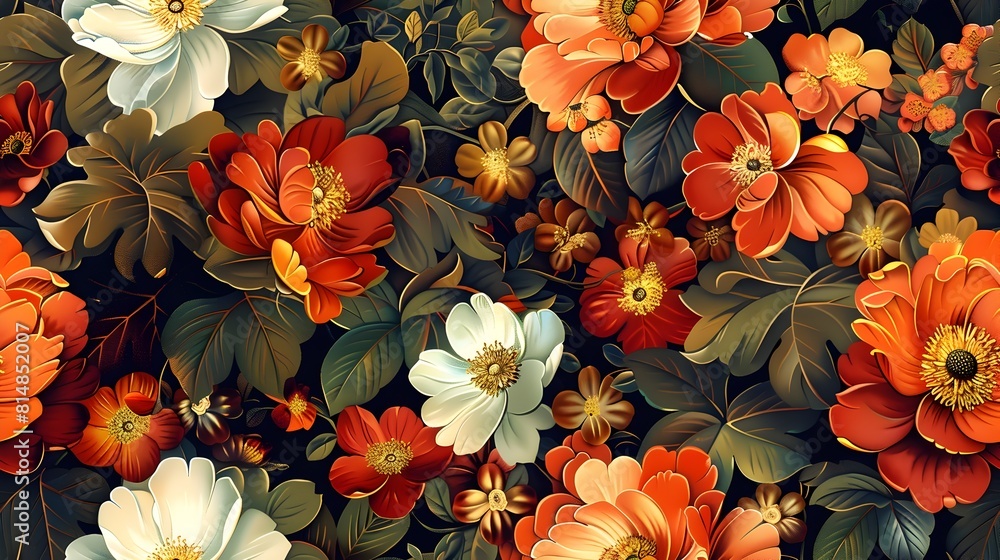 Fototapeta premium Vibrant Autumnal Floral Pattern with Lush Foliage and Vibrant Petals
