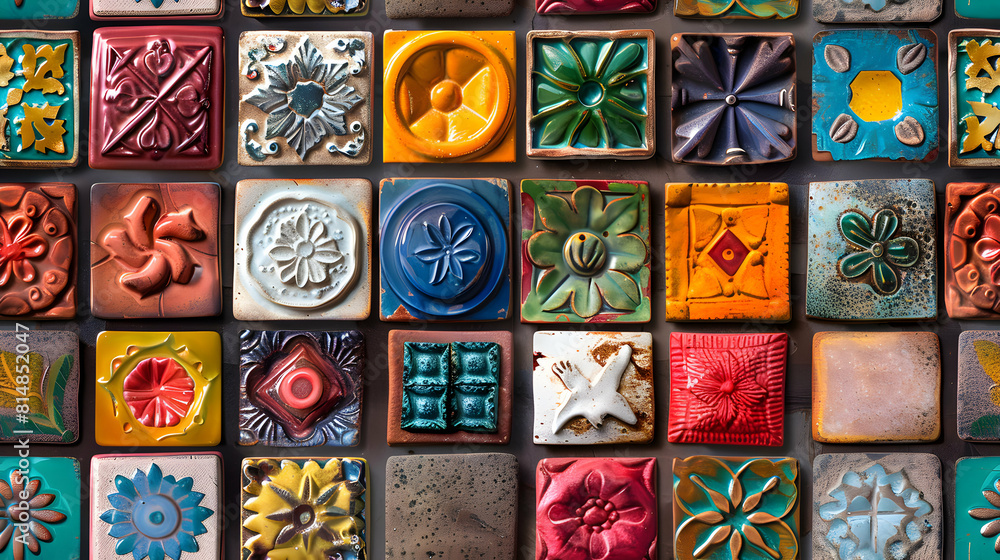 Vibrant Artisan Market Tiles: Capturing the Feria de las Flores Atmosphere with Colorful Craft Tiles   Photo Realistic Concept for Stock Photography