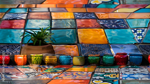 Capturing the vibrant Feria de las Flores atmosphere with realistic artisan market tiles showcasing colorful craft tiles. photo