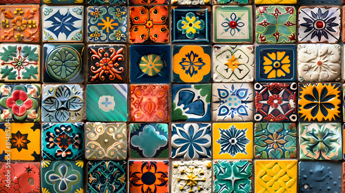 Capturing the vibrant atmosphere of artisan markets at Feria de las Flores with photo realistic artisan tiles showcasing colorful crafts   Photo Stock Concept