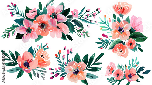 Set of watercolor floral flower arrangements in pink and peach on a white background