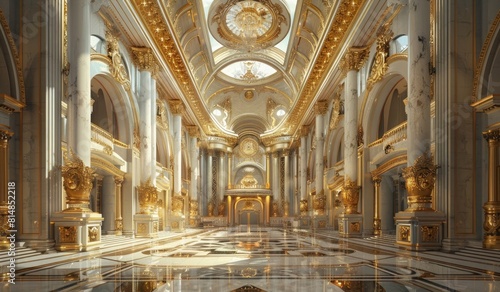 A magnificent hall with golden decorations, tall ceilings and marble floors, creating an atmosphere of opulence and grandeur. Digital illustration.