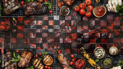Festive BBQ Celebration Tiles: Photo realistic Independence Day Concept with Grills, Meats, and Gatherings Photo Stock