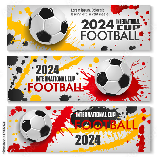 Euro soccer cup Germany 2024 banners features football balls and splashes of color in red, black, and yellow, representing the German flag. Dynamic vector horizontal cards for the upcoming tournament © Vector Tradition