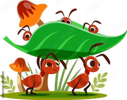 Cartoon ants carry their kids. Cute vector insects transporting larvas sitting on green leaf. Funny fairy tale characters or book personages, ants colony or family work together, care their offspring