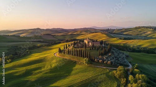 Aerial view of the Val d'Orcia in Tuscany, Italy, a picturesque region characterized by rolling hills, cypress trees, and