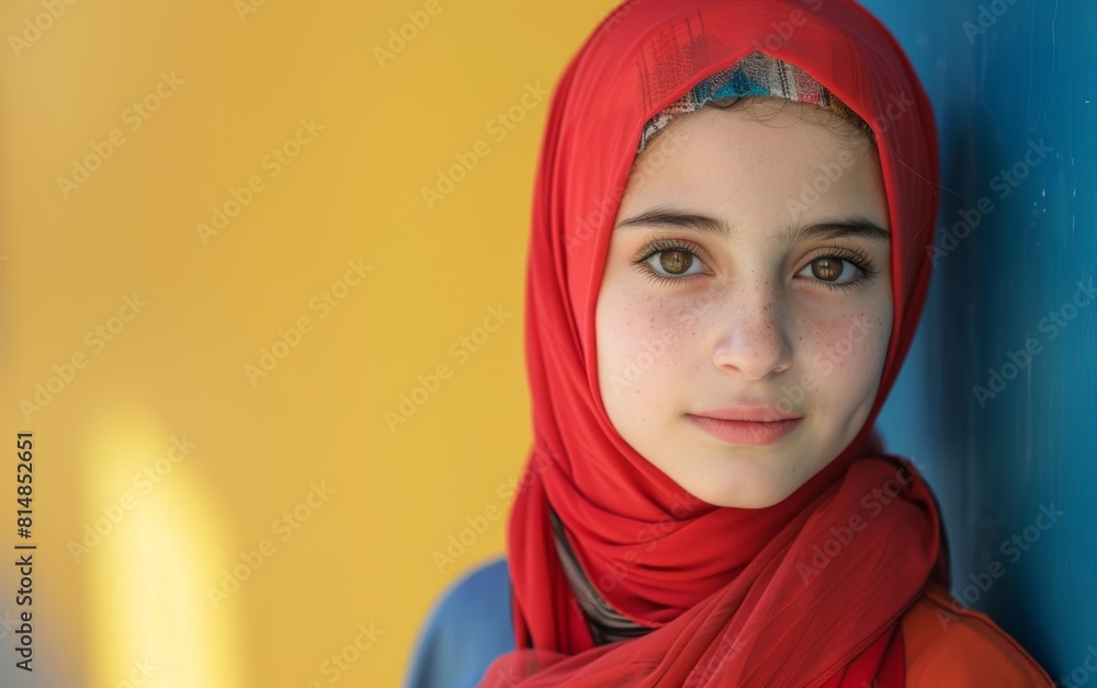 A young girl wearing a red scarf stands in front of a yellow wall. She has brown eyes and a smile on her face A young girl wearing a red scarf stands in front of a yellow wall. She has brown eyes and a smile on her face