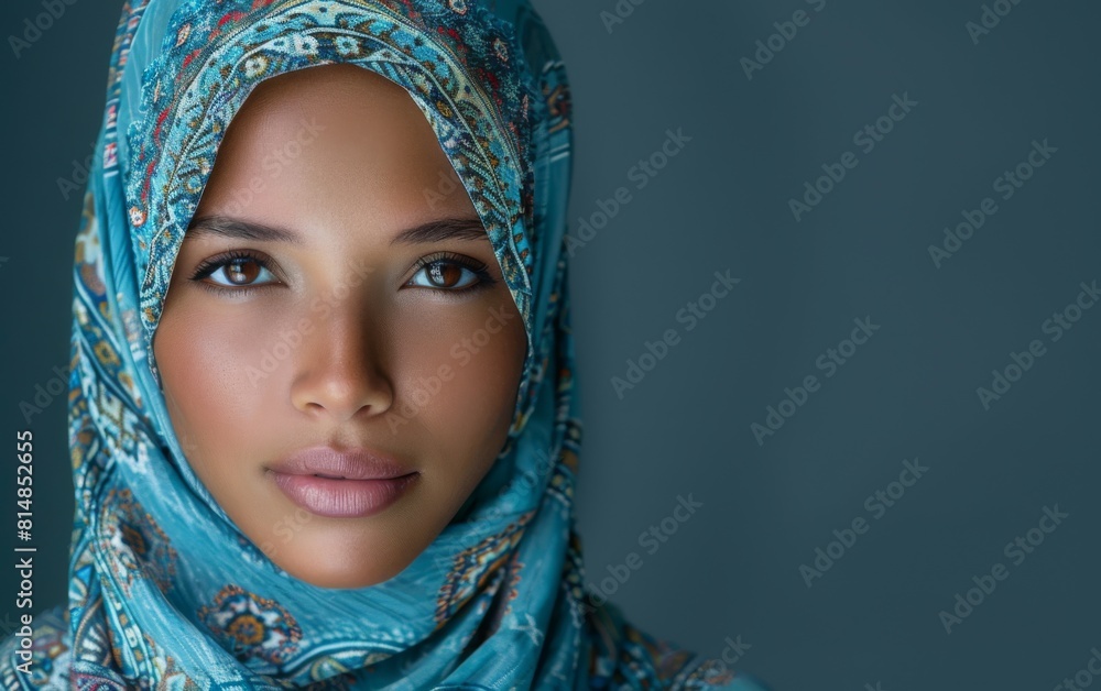 A woman wearing a blue scarf with a pattern on it. She has a nice smile and is looking at the camera A woman wearing a blue scarf with a pattern on it. She has a nice smile and is looking at the camera