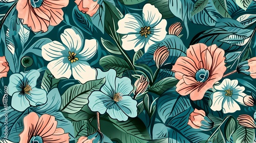 Vibrant Floral Pattern with Tropical Blossoms and Lush Green Foliage