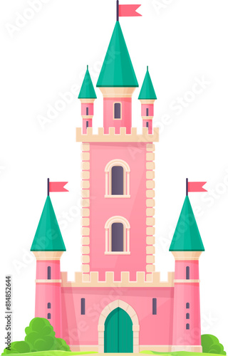 Cartoon castle, kingdom palace. Isolated vector medieval whimsical building. Magic princess pink castle with towering turrets, crenellated walls, and a drawbridge, fluttering flags and greenery around photo