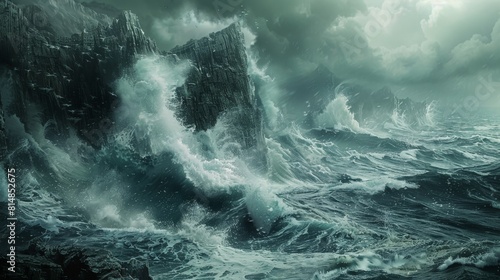 Generate a visual representation of a stormy sea photo
