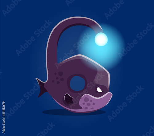 Underwater sea animals in font, undersea type of number 6 anglerfish, cartoon vector fish. Sea animals font or ocean alphabet and numeral typeface with cartoon fish with lamp character in number 6 Six